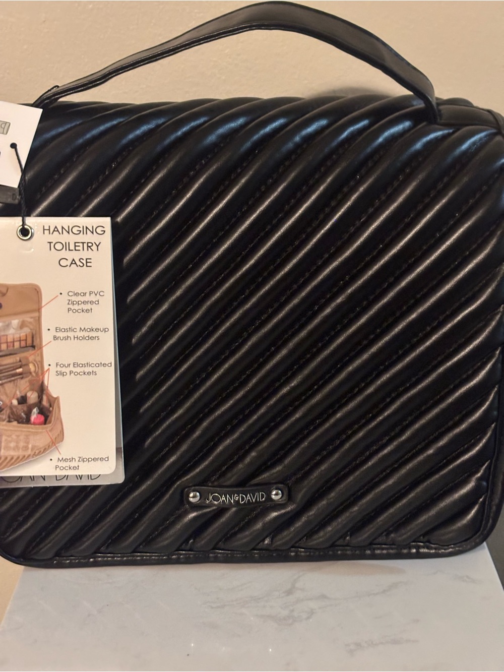 Joan & David Black Quilted Hanging Toiletry Cosmetics Bag with Top Handle NWT